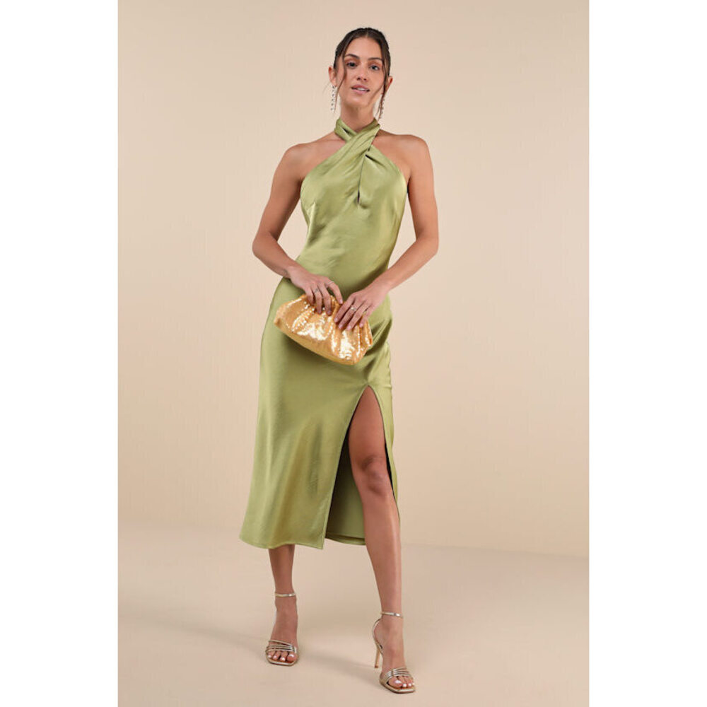 Lulus Beyond Classy Chartreuse Satin Halter Midi Dress Green